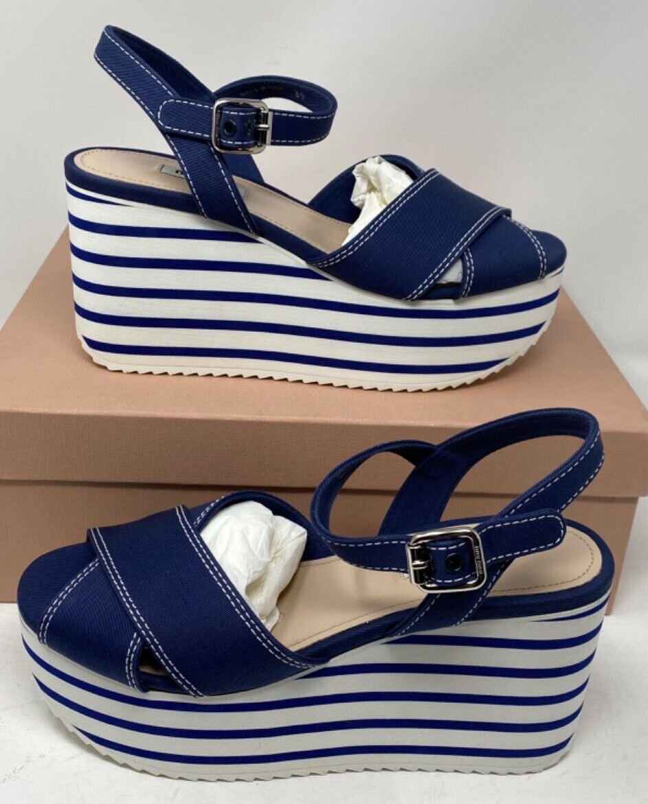 MIU MIU PRADA Platform Wedge Sandal 39 / 9 Blue Denim 5XZ441