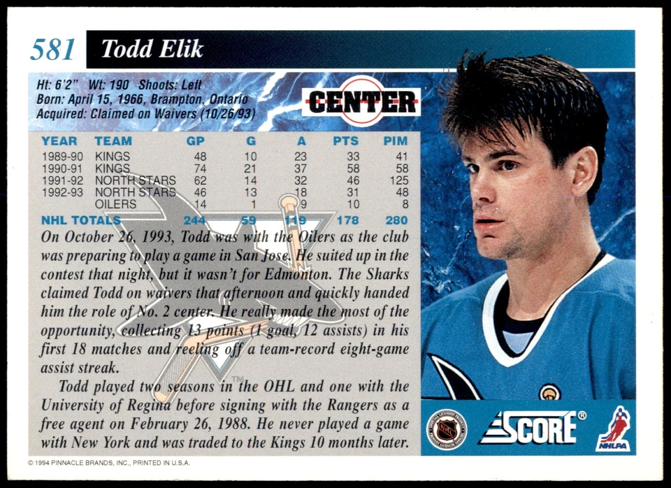 Todd Elik #581 1993-94 Score Canadian - Image 2 of 2