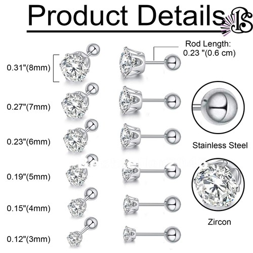6 Pairs Stainless Steel Round Cubic Zirconia Stud Earrings Set for Men Women - Picture 32 of 46