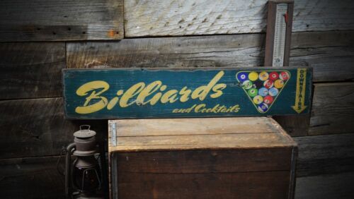 Billiards & Cocktails Downstairs Sign - Rustic Hand Made Vintage Wood - Picture 1 of 1