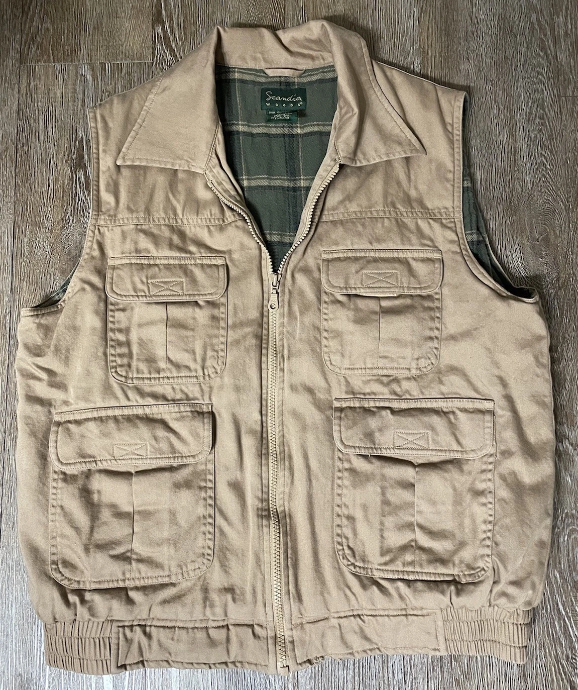 Scandia Woods Men’s Small Beige Cargo Utility Vest Outdoor Fishing Plaid Lined