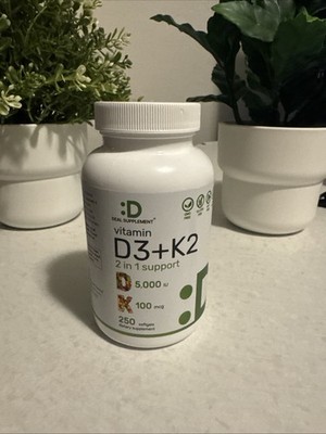 Vitamin D3 5000 IU & K2 MK7 Supplement, 250 Veggie Softgels, Daily Bone & Immune