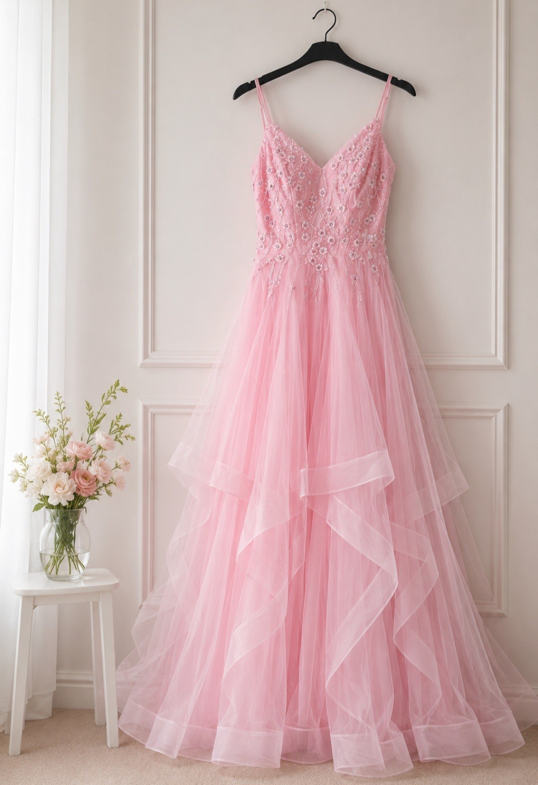 ☆☆ Impresionante Vestido Rosa de Baile de graduación Reino Unido 4-6 XS Vestido de Baile Cuentas Corsé Tul Usado Una Vez ☆☆