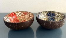 2 Coconut Shell Bowl Smoothie Vegan Acai Red Blue Mosaic Look Trinket Candy Dish
