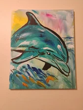 Original Painting Dolphin Expressionist Acrylic On Canvas 16x20"