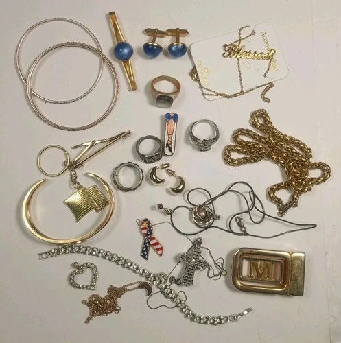 Mixed Costume Jewelry Lot Vintage Modern Necklaces Rings Cufflinks Tie Clip Belt