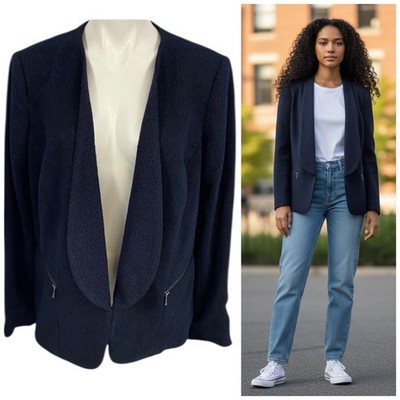 Sejour Blazer Womens 14W Blue Knit Work Office Basic Jacket Zipper Pockets