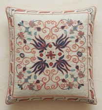 19"x21" 100 Silk Suzani Cushion Cover, Decorative Hand Embroidered Lace Pillow