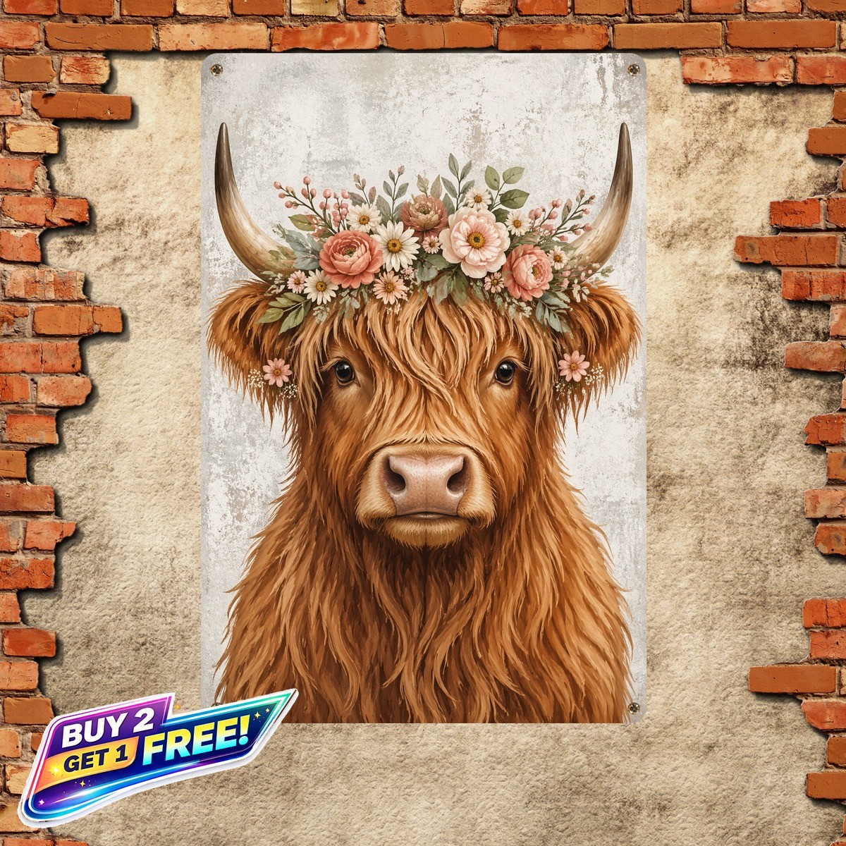 Rustic Distressed Highland Cow Floral Crown Metal Tin Sign