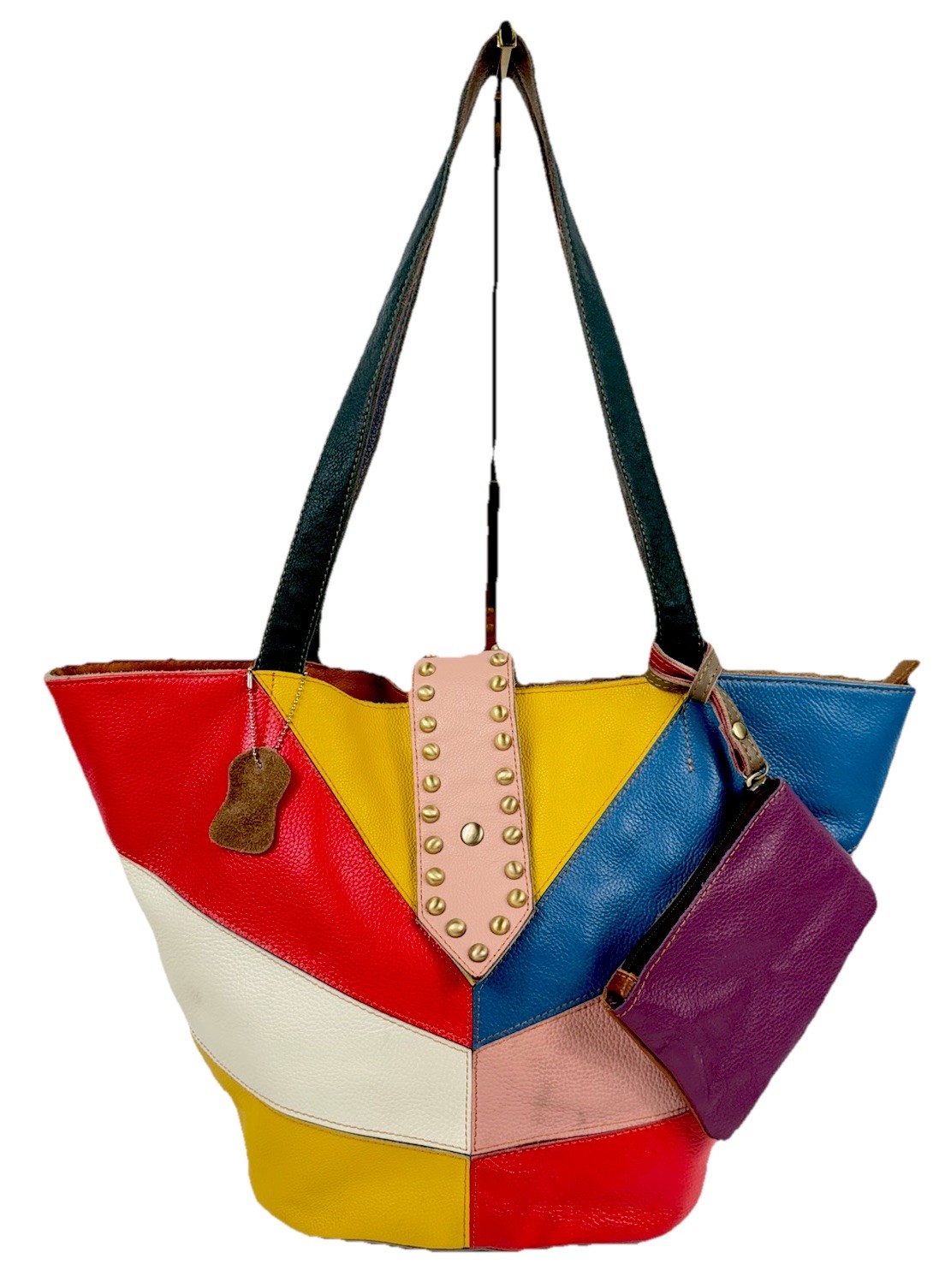 AmeriLeather Patchwork Rainbow Studded Large Leat… - image 1