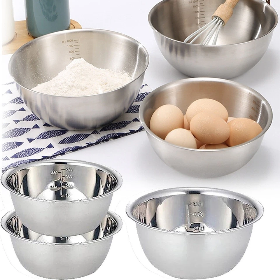 3 Stainless Steel Mixing Bowls with Measurement Marks 0 8L 1 2L 2L Cooking Set - Image 4 of 4