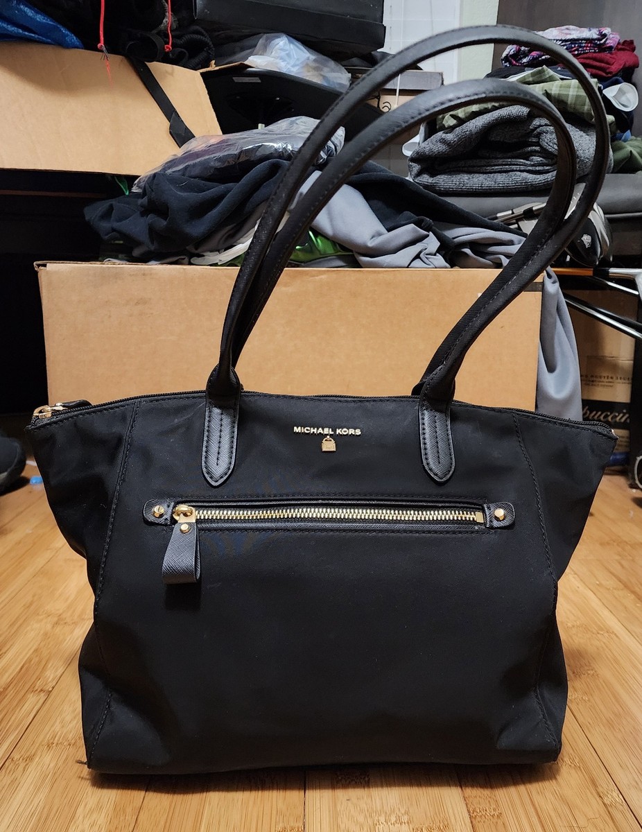 Michael Kors Black Nylon Kelsey Tote Bag Gold Hardware Zip Top