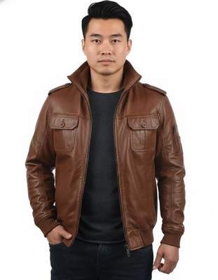 Leather Jacket Biker Brown Men Handmade Bomber Genuine Pure Lambskin Motorcycle