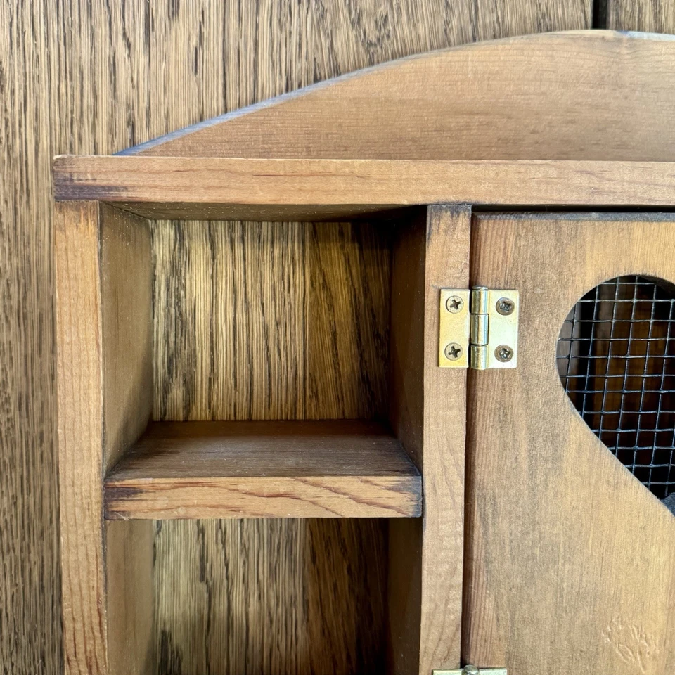 Vintage Handmade Wooden Wall Shelf with Heart Door & Pegs Rustic Country Decor - Image 3 of 4