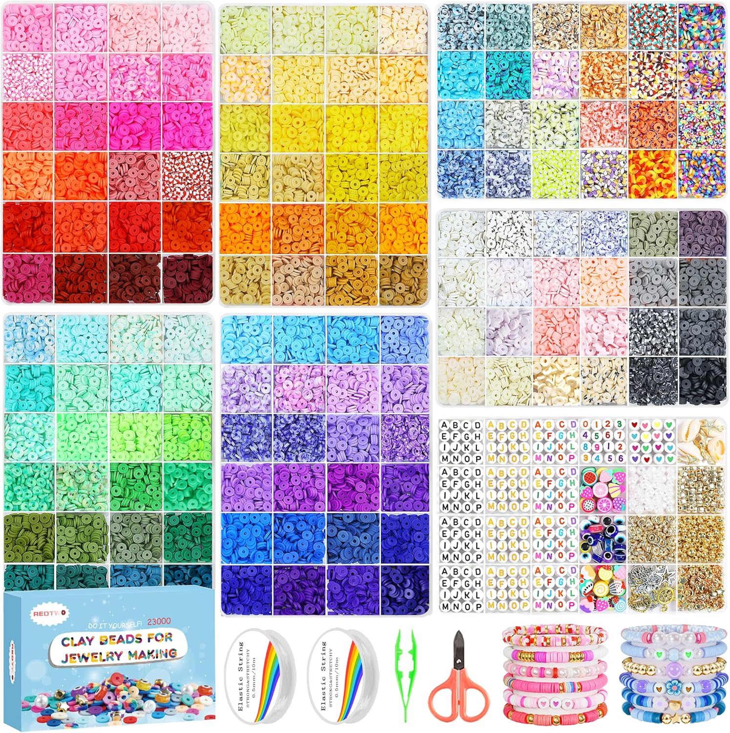 23500 Pcs 144-Color Clay Beads Kit for Bracelet Making with 7 Boxes Flat Heishi Beads