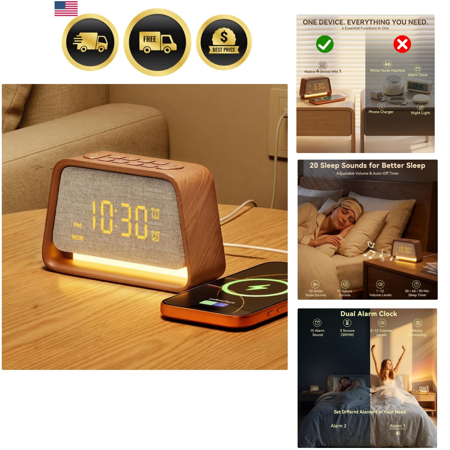 Alarm Clock with White Noise Machine Night Light for Bedroom