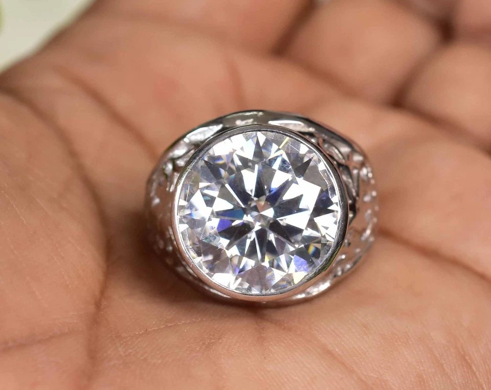 15.00 MM Round Huge Moissanite 925 Sterling Silver Men Carving Ring Certified - Image 4 of 4
