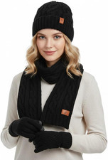Winter Knit Beanie Hat, Scarf and Touchscreen Gloves Set, Warm Fleece Lined Cold