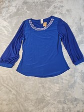 Blu:m Royal Blue Rhinestone Neck Sheer Mesh Sleeve Blouse XL B:106 Made in USA