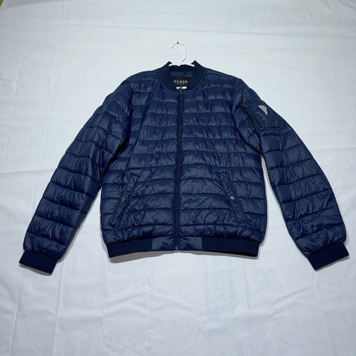GUESS Herren Bomber Puffer Jacke Small Navy Blau Gesteppt Nylon Leichter Mantel - Bild 2 von 10