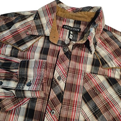 Affliction Mens Western Button Down Shirt Brown Red Plaid Embroidered Size M