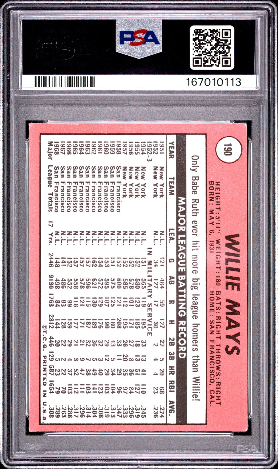 1969 TOPPS #190 WILLIE MAYS PSA 1.5 view 2