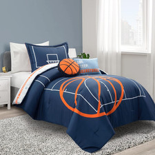 Reversible Basketball Comforter Set for Kids - Twin Size 4 Piece Navy Decor