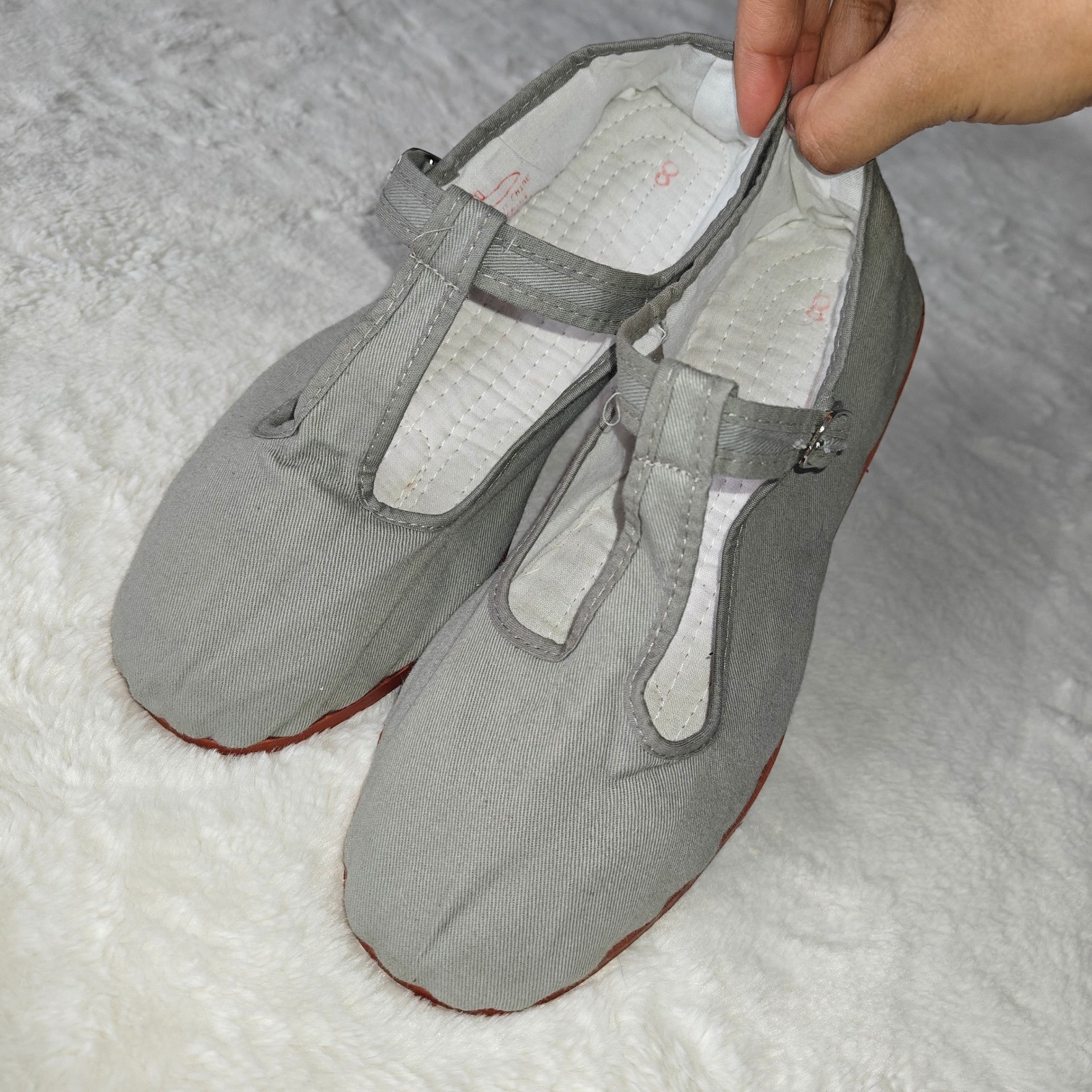 Women's Gray Canvas Mary Jane Flats Fabric Minimalist size 8 Adjustable Buckle