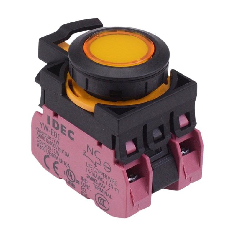 IDEC CW Series Yellow 12V illuminated Maintained Flush Push Button Switch 2NC