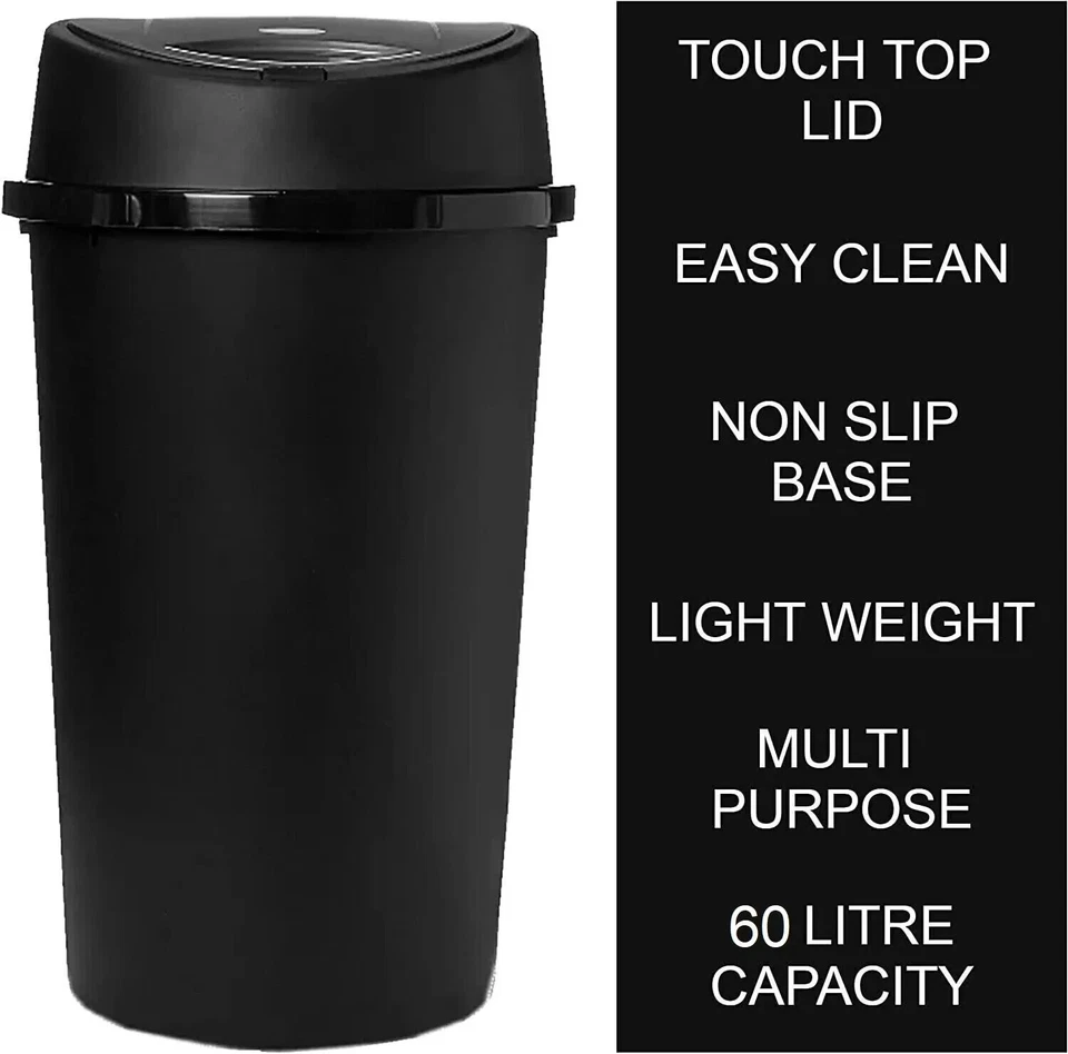 60L ALL BLACK TOUCH TOP BIN / DUSTBIN / RUBBISH BIN / KITCHEN / HOME / PLASTIC - Image 2 of 4