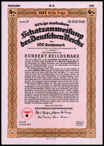 1937 Nazi Germany 6 Twelve Year Treasury Bonds RM100-20K Third Reich Finance VF+ - Picture 8 of 11