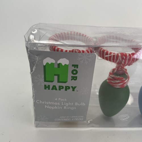 H for Happy Set Of 4 Christmas Light Bulb Napkin Rings NEW Holiday - Picture 3 of 14
