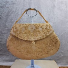 Vintage Ivory Color Linen Embroidered Flowers Formal Clutch Handbag Wedding