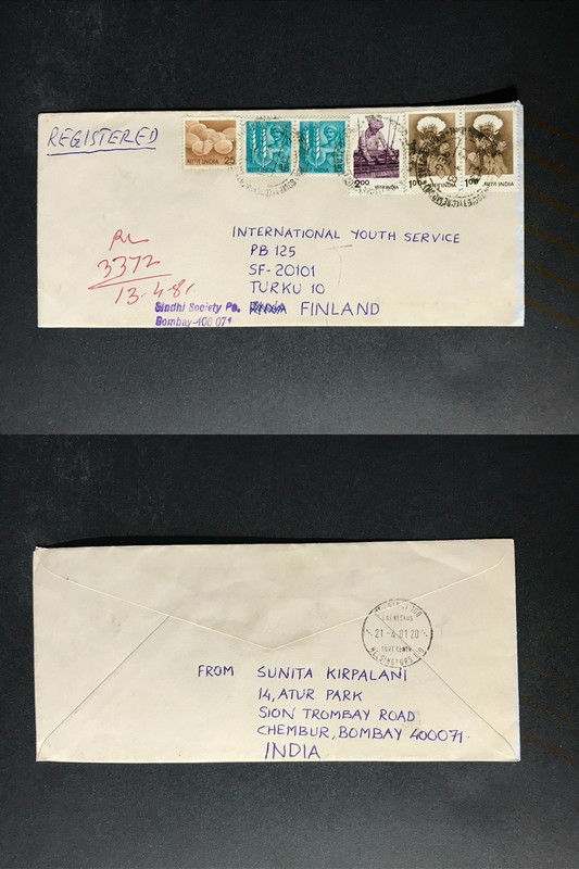 India Registered Cover to Finland City Cancel 1980s-1990s Cover #2195