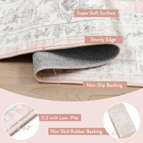 Boho Washable 8x10 Rug for Girls Bedroom, Light Area 8'x10'/ 96''x120'' Pink - Picture 5 of 7