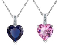 Sterling Silver Tone Heart Cut Blue Pink CZ Pendant Necklace Gift Box A9