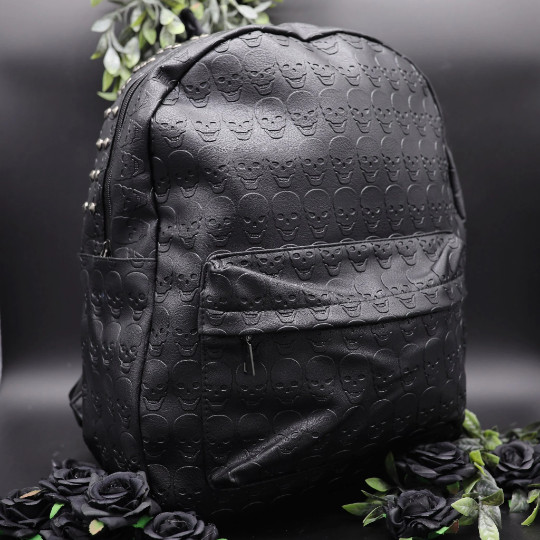SKULL GOTHIC BAG BACKPACK Goth Stud Black Embossed Rucksack School Rock GOTHX