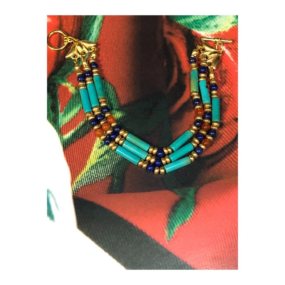 Brazalete de loto triple hilo turquesa azul egipcio chapado en oro de 7,5 pulgadas Foto 4 de 4