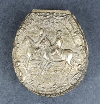 Vintage Cast Metal Hinged Jewelry Trinket Box Red Lining Riders