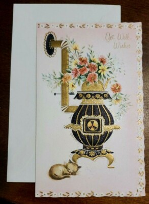 Vintage Sunshine Card, Get Well themed , cute cat kitten napping by black stove