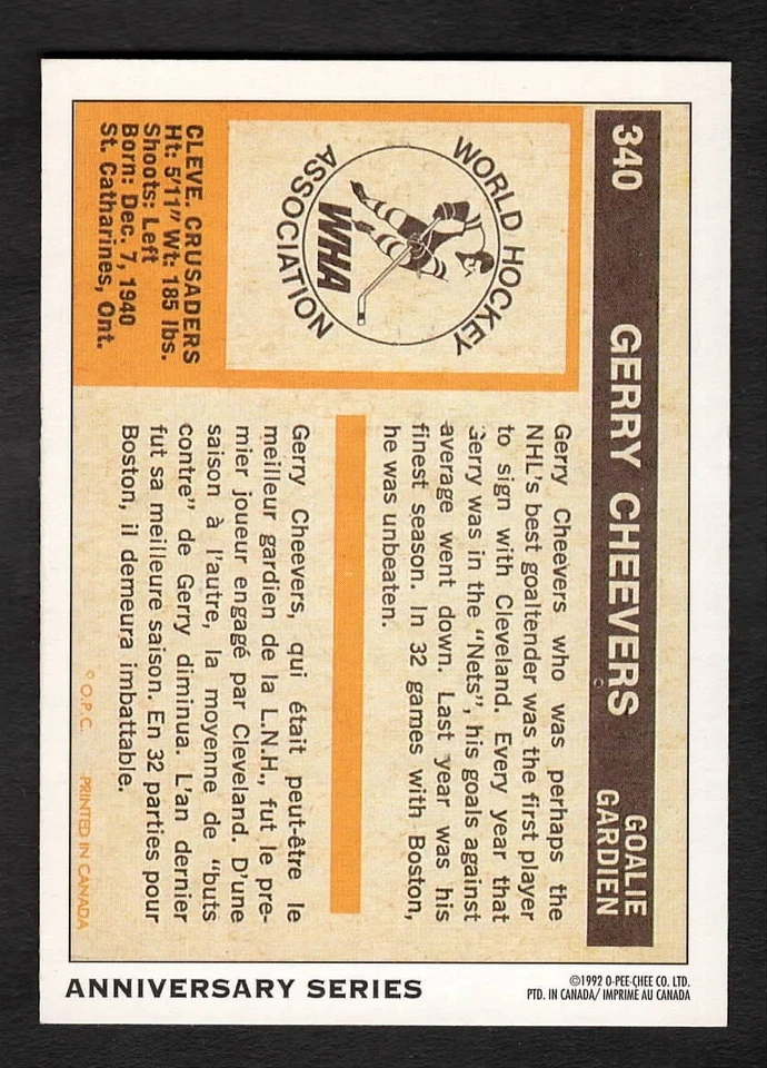 1992 Gerry Cheevers O-Pee-Chee Hockey Anniversary Series #340 - Image 2 of 2