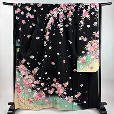 Black Silk Furisode Kimono M Used Traditional Japanese Dress