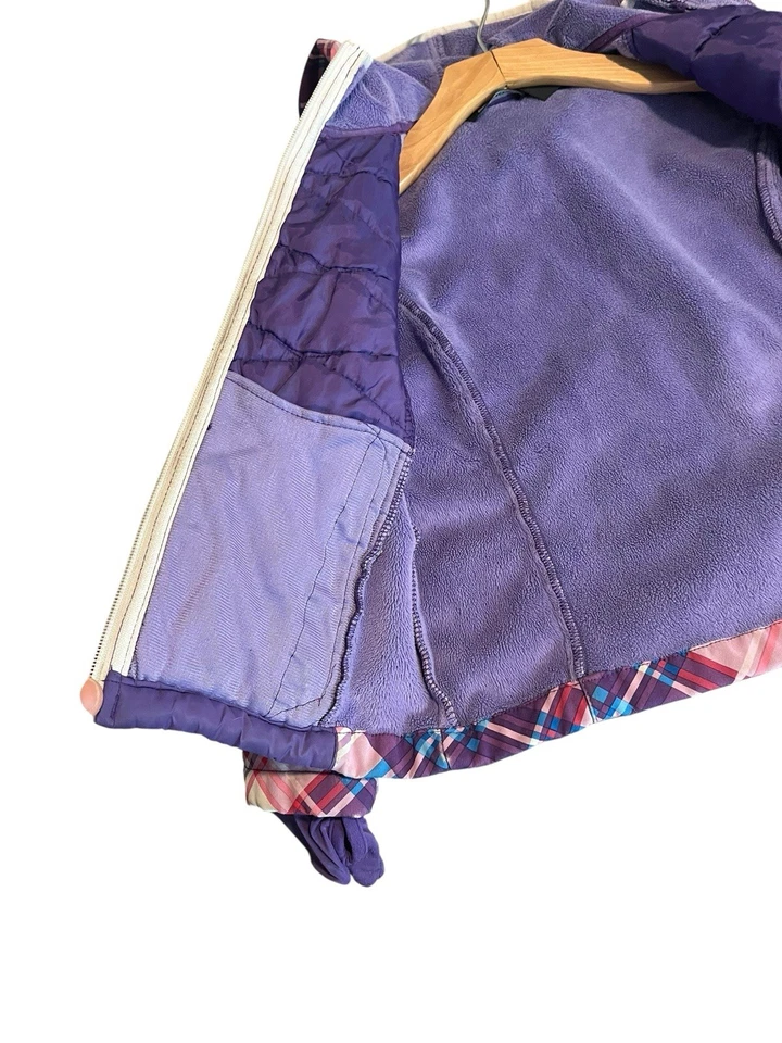 Snozu Puffer 夹克外套女孩 XS 5-6 紫色粉色白色羊毛衬里连帽 — 第 4/4 张图片