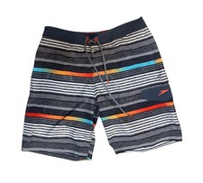 Speedo Men's Swim Trunks Shorts Gray White/Orange/Blue Stripes Sz Small 7784105