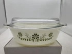 Vintage-Glasbake Green Daisy-2 Quart Oval Casserole Dish With Lid-Microwave-NICE