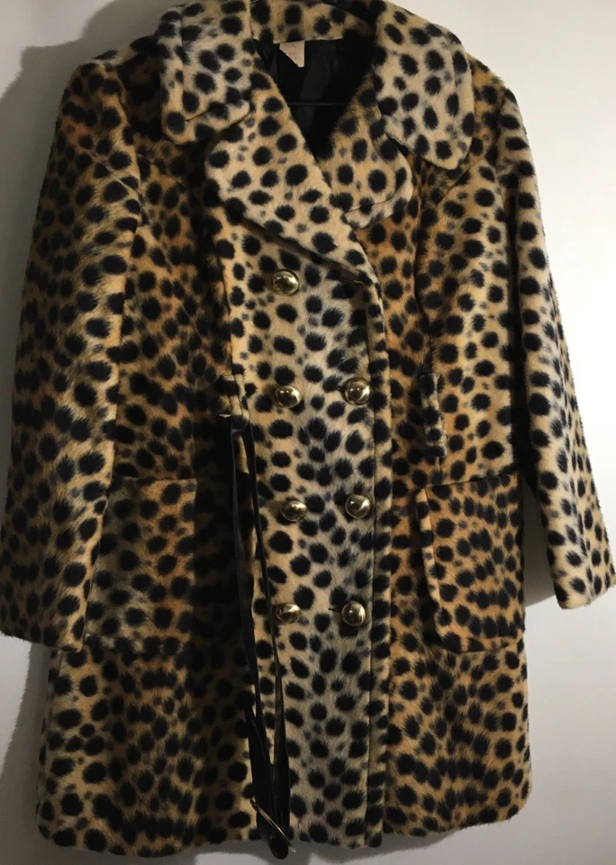 Abrigo Vintage Piel Sintética Estampado Leopardo Botón Dorado Doble Pecho Talla Pequeña Foto 2 de 4