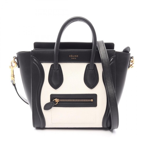 CELINE Luggage Nano Shopper 2WAY Shoulder Handbag 189243 leather Black White...