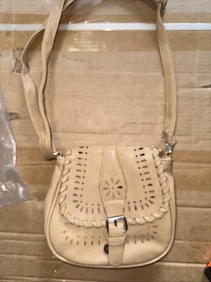 Crossbody Purse Western Faux Leather Eyelet Cut Out Flap Over Small Tan 8x8 