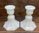 Vintage Milk Glass Candlestick Holders Pair Octagonal Taper 4.75” White