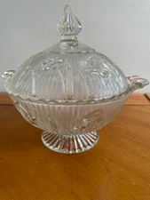 Vintage Depression Glass Jeanette Iris & Herringbone Glass Candy Dish & TLC Lid
